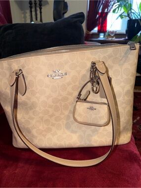 Authentic Coach Beige Signature Tote with Leather Trim and matching mini bag